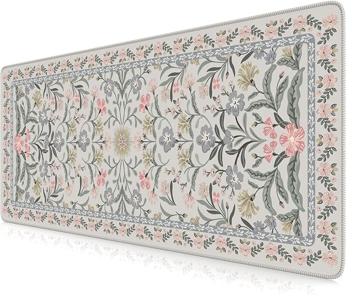 iCasso Aesthetic Floral Desk Mat, L Mouse Pads, Anti-Slip Mousepad with Stitched Edges, Waterproof Computer Pad 11.8"x31.5", Desk Accessories Office Decor for Women(Gray Floral)