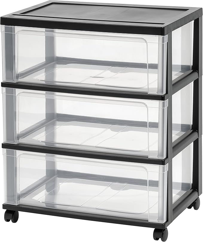 IRIS USA Plastic Drawer Storage Organizer Rolling Cart, with Wheels Casters, 3-Drawers, for Art Craft Supplies Bathroom Dorm Bedroom Laundry Room, Wide, Black