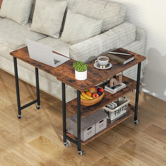 Tangkula 360° Rotating Sofa Side Table, Patented Mobile End Table with 2-Tier Storage Shelves, Swivel Rolling Desk with 6 Lockable Wheels, Metal Frame, Movable Laptop Table Couch Snack Table for Home