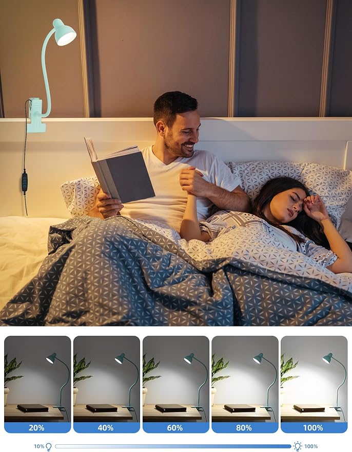 LiFMIRA Clip on Reading Light for Bed 3 Color Modes, 10 Brightness Dimmable, Flexible Gooseneck Clip on Lamp, Eye Care Clip Light for Bed Headboard Desk Home Dorm, Teal