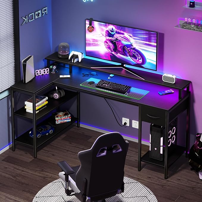 DUMOS 53" Gaming Desk with USB Charging Ports & LED Lights, Reversible L-Shaped Corner Computer Table for Small Spaces, Power Outlets, Monitor Stand & Storage Shelves Included, Modern Black