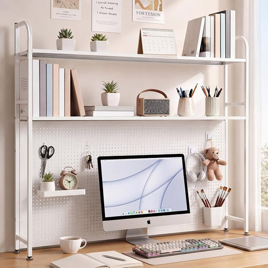 Leinuosen Desktop Shelf for Dorm Desk Hutch Bookshelf with Pegboard and Hooks 2 Tier Organizer Countertop Storage Bookcase Metal Hutch Display Rack with Hooks for Home Office College Dorm