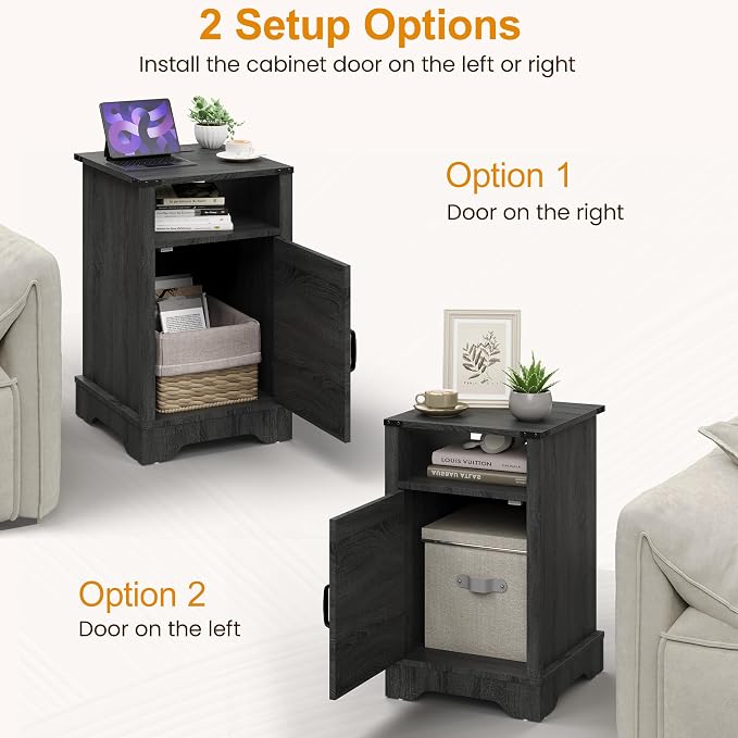RoyalCraft 25" Tall LED Nightstand with Charging Station, Farmhouse Nightstand with Led Lights, Wooden Rustic Side Table for Bedroom, Dark Grey End Table with Storage