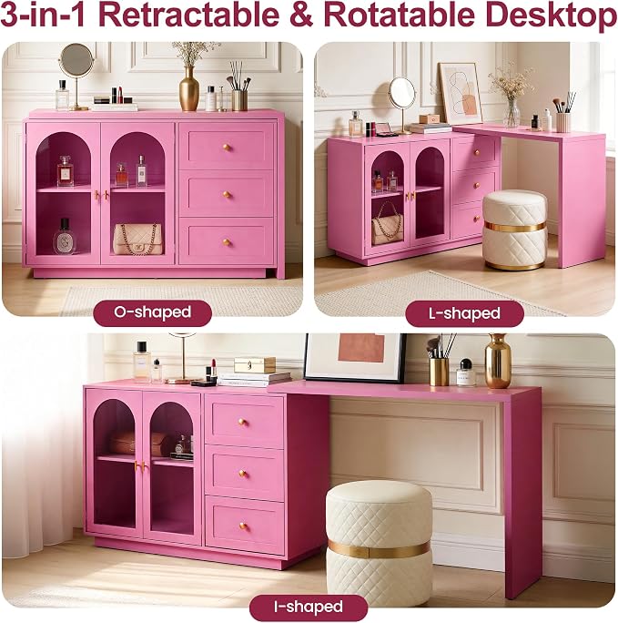 RoyalCraft 83" Makeup Vanity Desk, Pink Vanity Dresser, L Shaped Corner Vanity Table with 3 Drawer & 2 Door, Modern Extendable Dressing Table for Bedroom, Dressing Room, Small Space (Without Mirror)