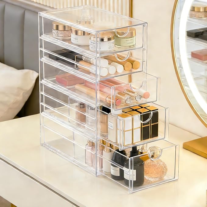 Prsildan Acrylic Drawer Makeup Organizer with 5 Drawers, Hair Accessories Organizer, Office Desk Organization, Clear Stackable Storage Drawers for Vanity, Countertop, Craft, Jewelry