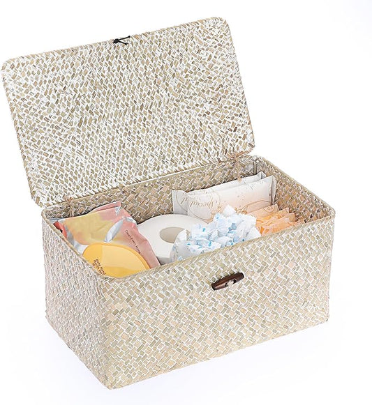 Sumnacon Wicker Basket with Lid Rectangle Woven Baskets for Toiletries Tampon Storage,Wicker Storage Basket with Lid,Decorative Seagrass Storage Baskets for Shelf Bathroom Toilet Table,Whitewash