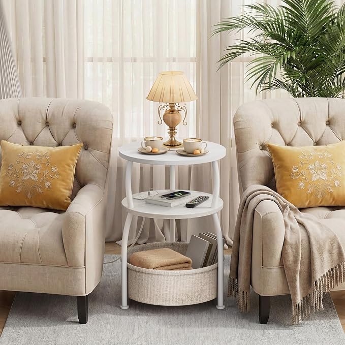 Round End Table with Charging Station, USB Ports, 15.75in Small Side Table with Storage Basket, Coffee Table Sofa Side Table for Small Spaces, Nightstand for Living Room Bedroom Matte White