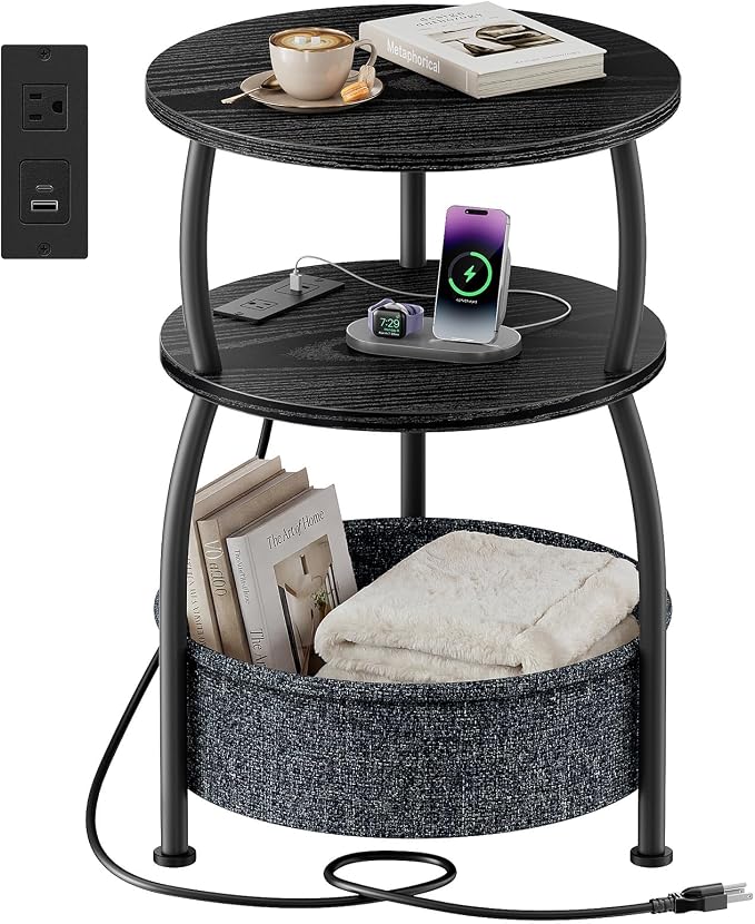Small Side Table with Charging Station and Type C, Small Coffee Table with Basket, Space Saving End Table 3-Tier Bedside Corner Table Stand for Living Room, Bedroom, Garden 15.75in Classic Black