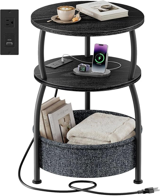 Small Side Table with Charging Station and Type C, Small Coffee Table with Basket, Space Saving End Table 3-Tier Bedside Corner Table Stand for Living Room, Bedroom, Garden 15.75in Classic Black