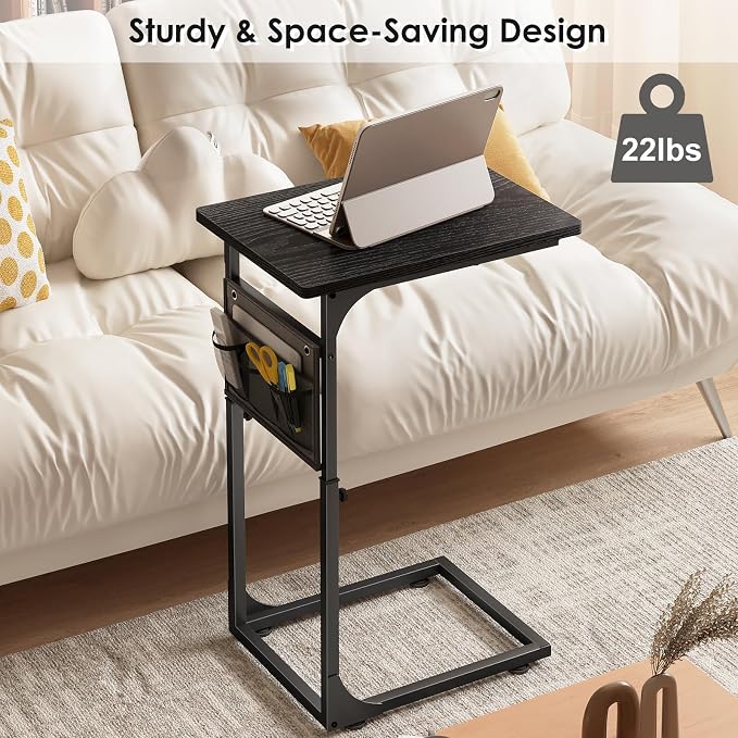 Fixwal C Shaped End Table Adjustable Height Side Table for Couch, TV Tray with Storage Bag Slide Under Sofa Small Tables for Living Room, Bedroom & Office, Black