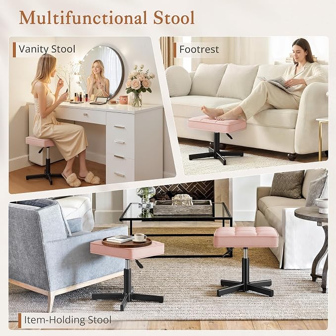 LUE BONA Adjustable Vanity Stool, 15''-19.5'' Foot Rest Under Desk, 360° Swivel Vanity Chair for Makeup Room, Pink Upholstered Faux Leather Ottoman for Bathroom & Living Room, 300lbs
