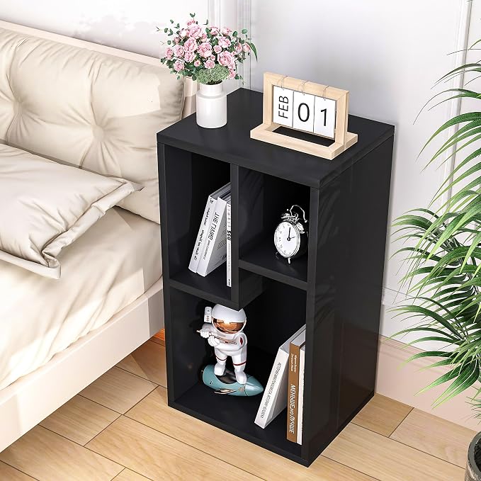 VECELO 11.8" Open Bookshelf, Waterproof Particle Board Asymmetrical Split Cubby Storage Organizer, Black Uneven Compartment Display Cube for Tall Books, Bedroom Dorm Office