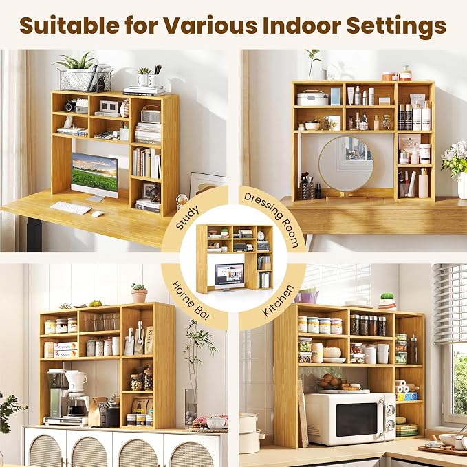 Giantex Desktop Bookshelf, Desk Hutch Dorm w/ 7 Cubes & 3 Adjustable Shelves, Desk Shelf for Up to 27" Computer Monitors, Wooden Desktop Storage Organizer for Dorm College Office Home (Burlywood)