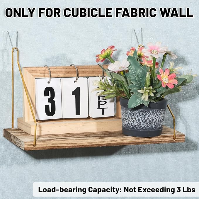 2-Pack Cubicle Shelf For Fabric Walls With Hooks：12x6.0in Wooden Cubicle Shelf Hanging Gold Bracket Use For Office Cubicle Accessories Office Stylish Ations Cubicle Decorations For Women Desk