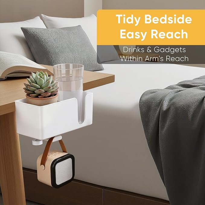 4-in-1 Clip On Desk Cup Holder, Fits up to 40oz cups - Mountable Holder with Adjustable Divider & 360° Rotating Hook - No Spill Clamp On Drink Holder Attachment - for Desk Chair Table Bed Tray - White