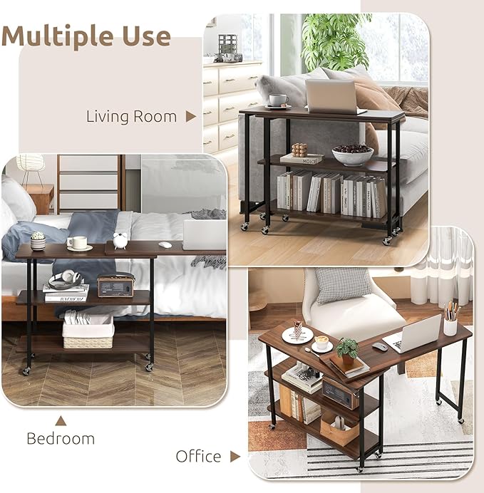 Tangkula 360° Rotating Sofa Side Table, Patented Mobile End Table with 2-Tier Storage Shelves, Swivel Rolling Desk with 6 Lockable Wheels, Metal Frame, Movable Laptop Table Couch Snack Table for Home