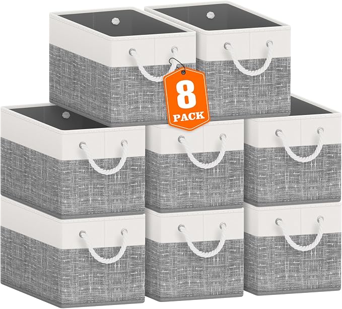 Fab totes Storage Bins 8-Pack, Foldable Storage Baskets for Organizing Toys, Books, Shelves, Closet, Large Storage Box with Rope Handles, Sturdy Organizer Bins, White & Grey
