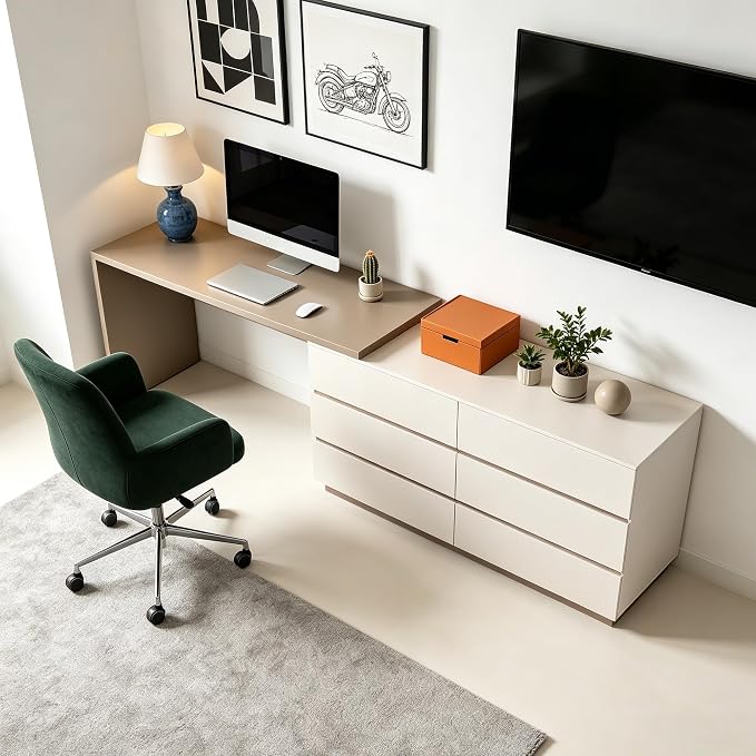 Retractable L-Corner Computer Desk with 6 Organizer Drawers for Games, Make-up, Home Office, Khaki (Khaki)