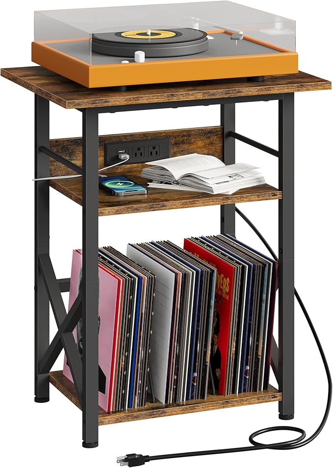 CHOEZON Record Player Stand with Power Outlet, Vinyl Record Storage Side Table, 19" Large Tabletop, Charging Station & Crossed Frame Design for Turntable, Rustic Brown and Black TBZ48UBF