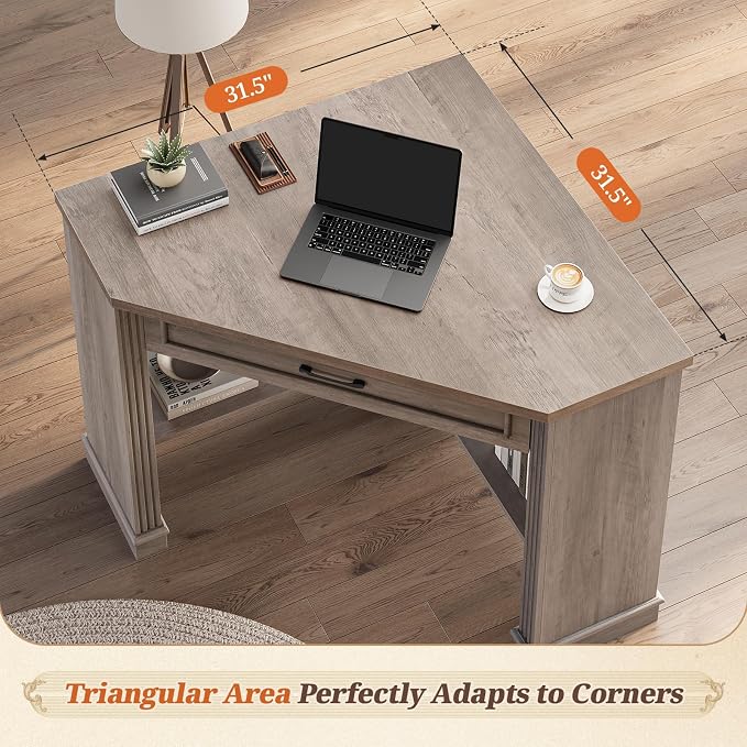 SEDETA 31.5" Small Corner Desk, Corner Desk for Small Space, Farmhouse Computer Desk with Drawers, Triangle Computer Desk with Storage Shelves for Home Office, Living Room, Bedroom, Gray