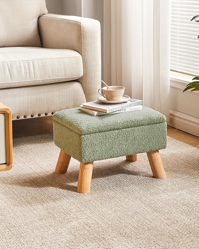 YMYNY Storage Ottoman,Small Foot Stool, 15.75"×11.81"×11.02" Green,HBD042GR | Teddy Velvet,Sturdy Wood Legs,Footstool with Padded Seat, For Living Room Bedroom Couch Entryway