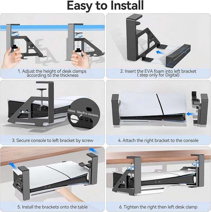 No-Drill PS5/Slim/Pro Under Desk Mount, Metal Under Desk PS 5 Mount for PS5 Slim Digital & Disc, PS 5 Holder Under Desk with Clamp, Screw and EVA Foam for PS 5/Slim/Pro Digital Console