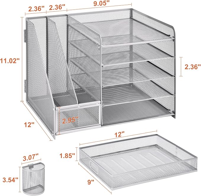Marbrasse Desk Organizer with File Holder, 5-Tier Paper Letter Tray Organizer with Drawer and 2 Pen Holder, Mesh Desktop Organizer and Storage with Magazine Holder for Office Supplies (Silver)
