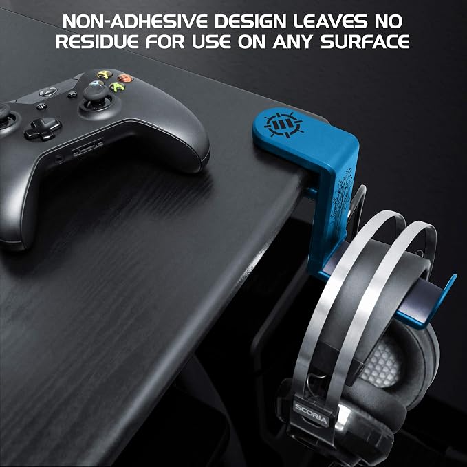 ENHANCE PC Gaming Headphone Holder - Desk Headphone Hanger Esports Headset Holder with Adjustable 360 Rotation, Under Desk Headphone Hook Clamp, Universal Fit, & Built in Cable Clip Organizer - Blue