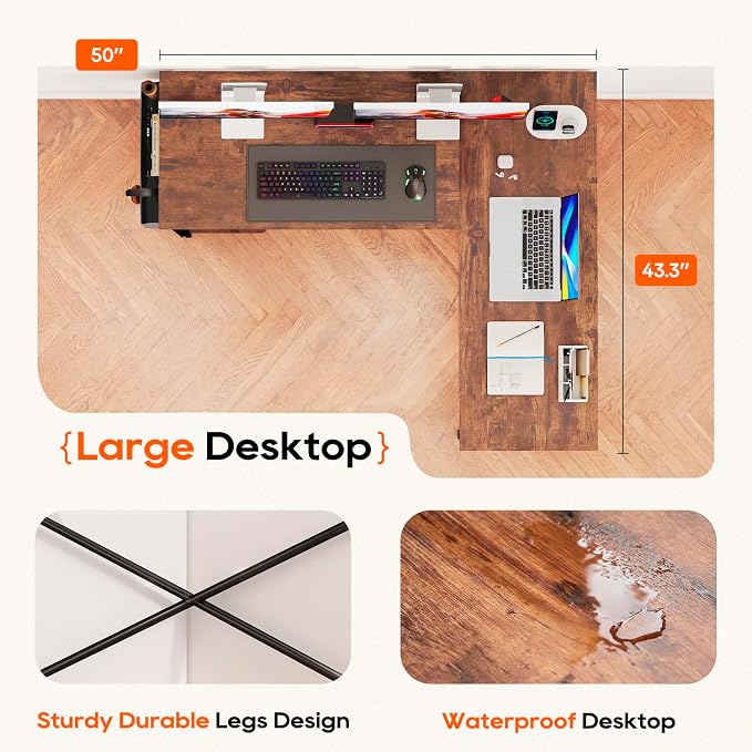 Dkelincs 50-Inch L Shaped Desk, Corner Computer Desk & Gaming Desk for Home Office and Dorm, Sturdy Writing Workstation with CPU Stand and Side Storage Bag (Brown)