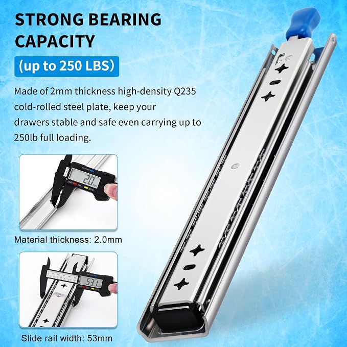 YENUO Heavy Duty Locking Drawer Slides Full Extension Runners with Lock 12 14 16 18 20 22 24 26 28 30 32 34 36 38 40 Inch Side Mount Ball Bearing Rails Track Glides 180 Lbs 1 Pair(W:53mm, 36 Inch)
