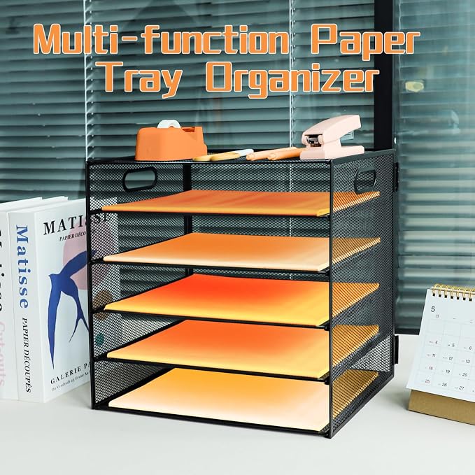 5-Tier Paper Letter Tray Organizer with File Holder，Paper Sorter Desk Organizer Metal mesh Desk Tray for Home Office School