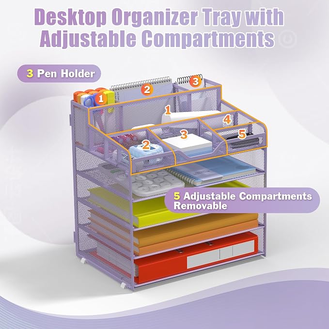 Docnest 5 Tier Mesh Desk Organizer for Paper Office Supplies – Multi-Functional Letter Tray with 5 Adjustable Compartments, 3 Pen Holders, Desktop Storage for Files, Mail, Stationery – Purple