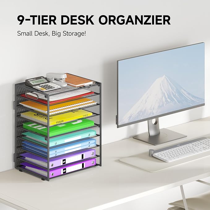 Cawukege 9 Tier Paper Organizer with Handle, 2 Pack Large Capacity Desk Organizer Mesh Paper Letter Tray File Folder Document Sorter for Classroom and Office Accessories Organization- Grey (2 Pack)