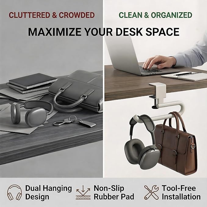 Desk Hook & Bag Hooks for Tables, Anti-Slip 60LB Heavy Duty Clamp-On Backpack Hanger, Extended Clearance Bag Holder for Desk for Office & Gaming, Adjustable (0.19-1.57in) (White)
