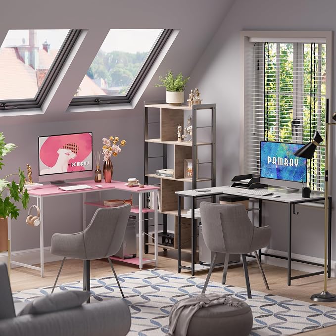 Pamray 43 Inch L Shaped Computer Desk with Reversible Side Storage Shelves, Small Corner Desk for Small Space Home Office,Writing Study Table PC Desk for Bedroom,White Marble