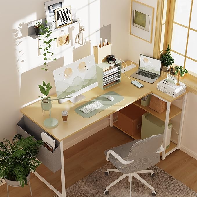 TIQLAB Small Computer Desk with Power Outlets, 40 Inch L Shaped Desk with Reversible Shelves, Gaming Desk Corner Desk Study Writing Table for Home Office Bedroom Living Room, Beige