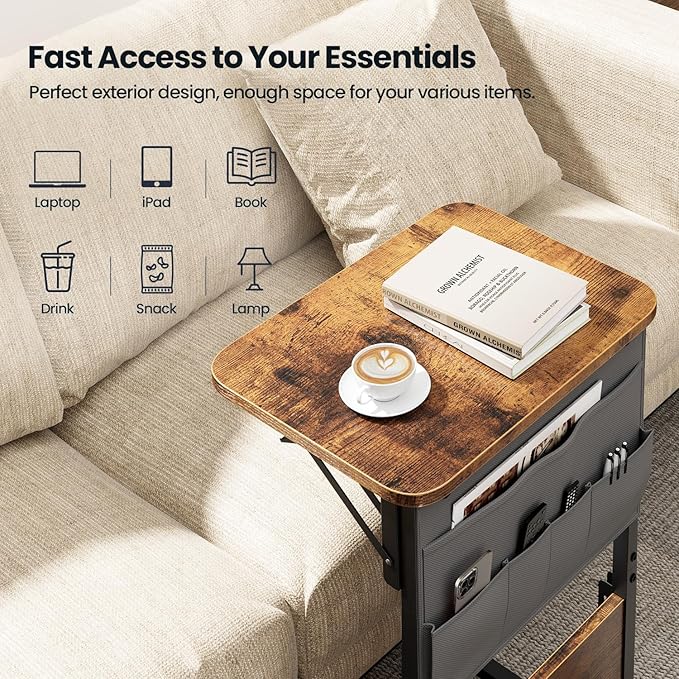 HLDIRECT C Shaped End Table with Charging Station, Couch Side Table with Storage Bag, Foldable TV Tray with 2 USB Ports and Outlets for Living Room, Bedroom, Rustic Brown