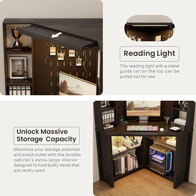 Corner Desk with Shelves-&LED Reading Light,Triangle Home Office Desk w/Charging Station for Work & Study,File Cabinet Storage Bookshelf for Small Space （Black）