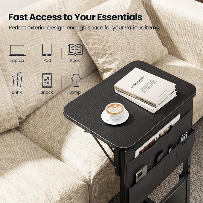 HLDIRECT C Shaped End Table with Charging Station, Couch Side Table with Storage Bag, Foldable TV Tray with 2 USB Ports and Outlets for Living Room, Bedroom, Black