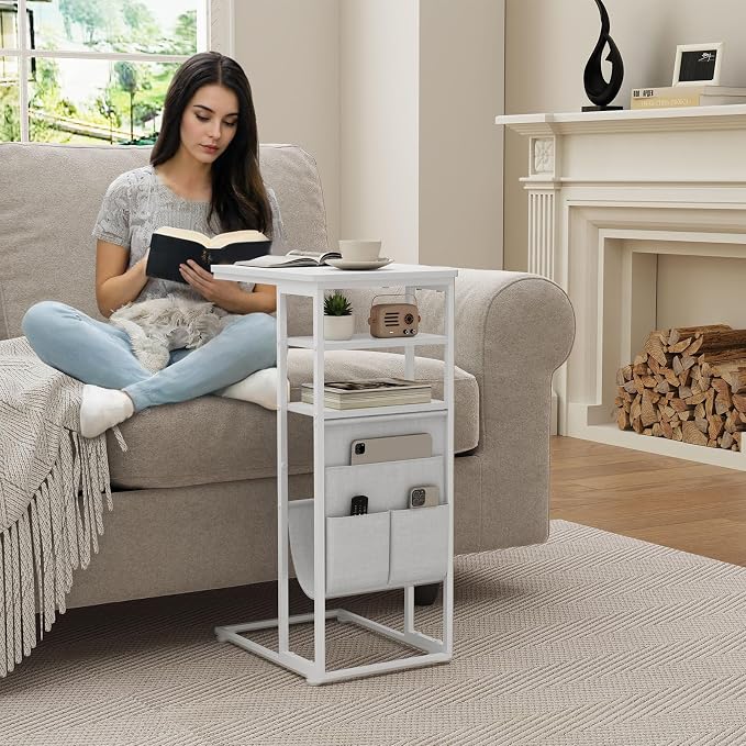C Shaped End Table 28"(H) 3-Tier C Table with Storage Bag, Under Couch Table C-Shaped End Table with Storage Shelves and Bag for Living Room, Bedroom, or Office