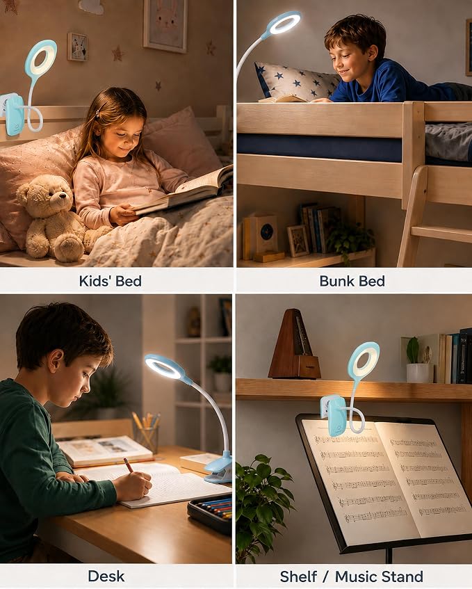 Clip On Reading Light for Bed Headboard, USB Rechargeable Cordless Clamp Lamp for Dorm Room Essentials, Touch Dim, 3 Colors, Eye Protect LED Desk Lamp for College Dorm Room, Gooseneck,Green