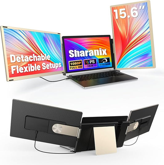 Laptop Screen Extender, 15.6" Detachable Triple Portable Monitor, 1080P FHD IPS Display, Sturdy & Durable, USB-C/HDMI Plug-Play Monitor Extender for Mac/Win/Android, Fits 13-17" Laptops