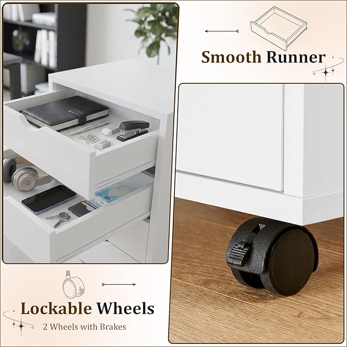 5 Drawer Mobile File Cabinet Under Desk Storage Organization with Wheels Vertical Filing Chest Rolling Wood Small Desk Printer Stand for Home Office, White