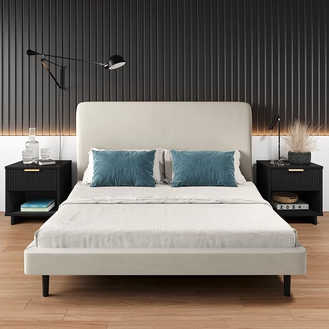 Manhattan Comfort Granville 1-Drawer Nightstand Set of 2, Modern Glam Bedside Table with Ribbed Design and Gold Handles, Ideal for Living Room and Bedroom Use, Black