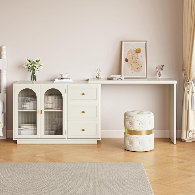 FansaFurn 83" Extendable Corner Vanity Desk, 3 in 1 Vanity with Rotatable Tabletop, Oversized White Makeup Table for Women Girls, 3 Drawer & 2 Door, Wood Dresser for Apartment, Bedroom, Home Office