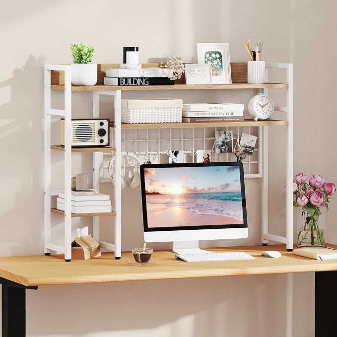 Tangkula Desktop Bookshelf for Computer Monitor Up to 32”, Countertop Storage Hutch with 4 Open Storage Shelves, Grid Panel, Anti-tip Device, 4-Tier Desktop Display Shelves for Home Office (Natural)