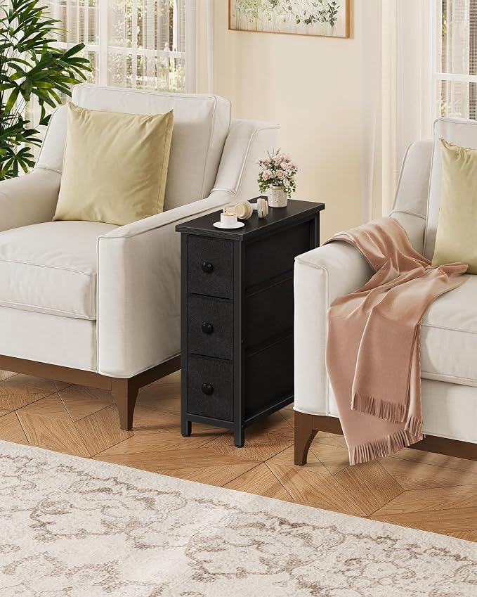CHOEZON Narrow Side Table with 3 Fabric Drawers, Industrial Slim Bedside Table for Small Spaces, Bedroom, Living Room, Dormitory, Black TBZ09BB