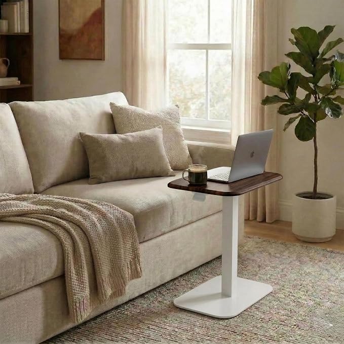 Elevance Height Adjustable Side Table, White Base, Walnut Top | Sofa Laptop Table for Couch & Bed | Small C-Shape End Table for Home or Office