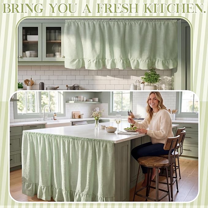 VitalCozy Cabinet Curtain 28" W x 51" L Sink Skirt for Bathroom Kitchen Sage Green Stripes Ruffles Spring Short Curtain for Home Classroom Farmhouse Drape Under Desk Privacy Drape for Laundry Room