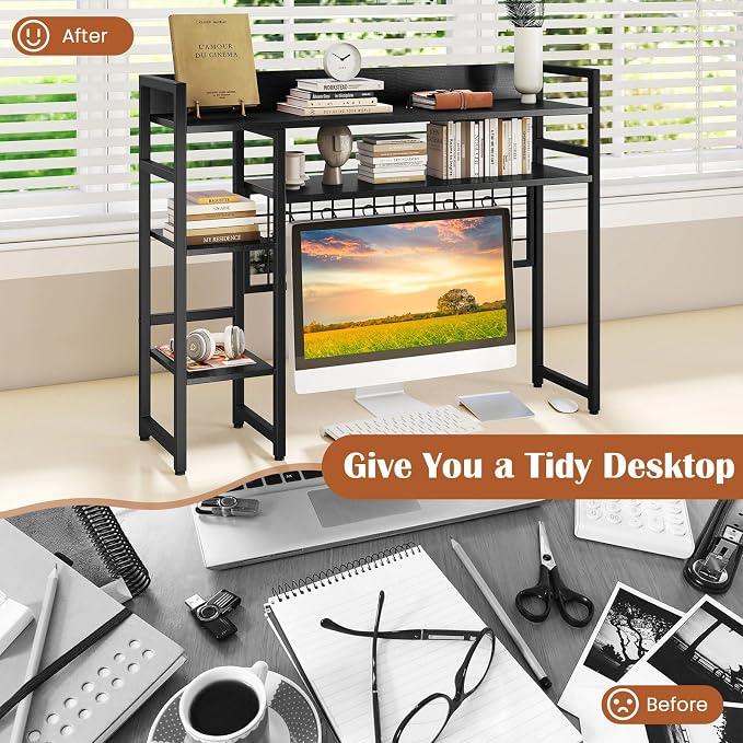 Giantex Desktop Bookshelf, 37" Desk Shelf for Up to 32" Computer Monitors, 4 Tier Desktop Display Shelves with Grid Panel, 6 Movable Hooks, Anti-tip Device, Desk Hutch for Home Office Dorm (Black)